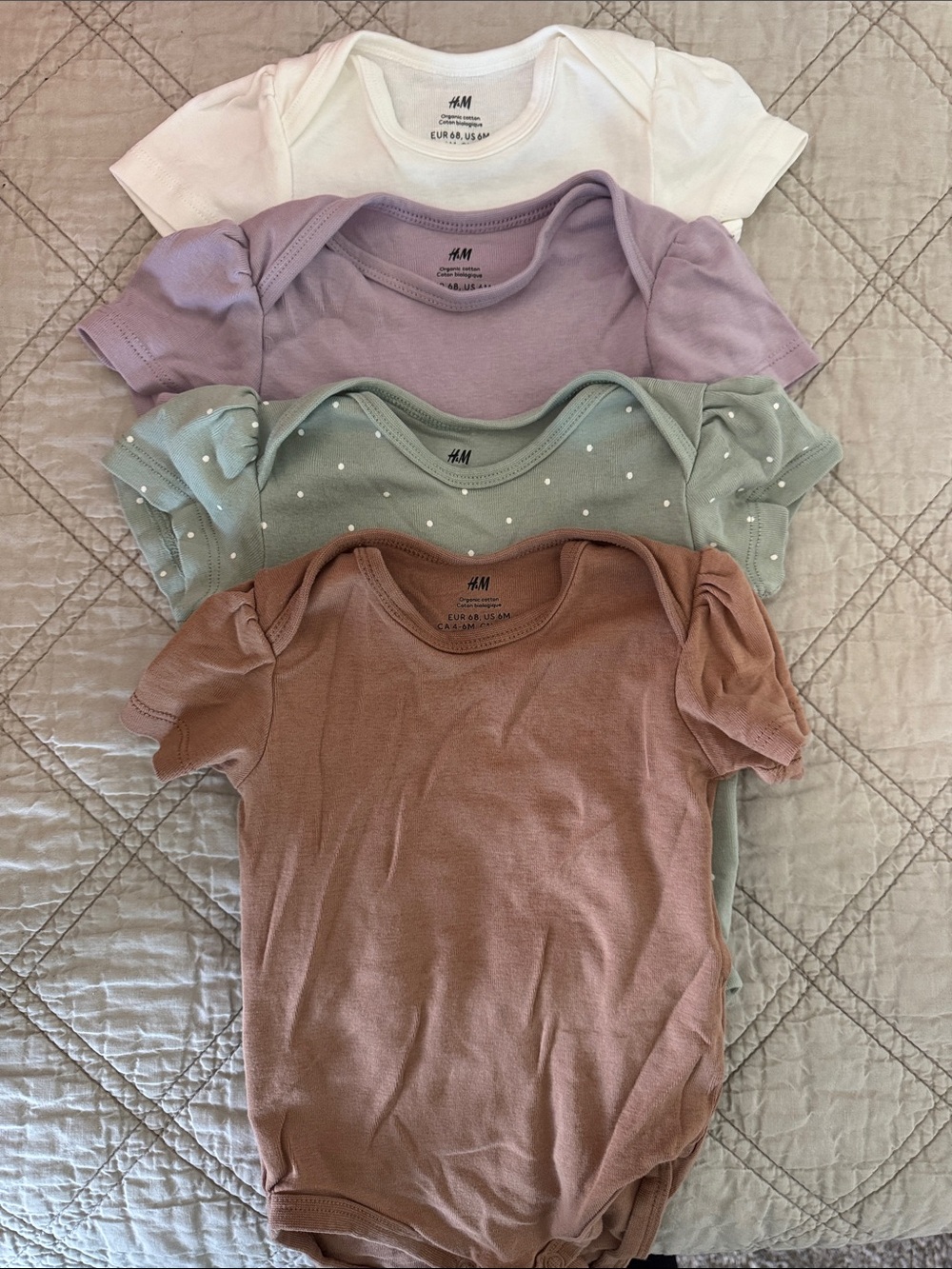 H&M Baby Bodysuit Set — White, Lavender, Sage Polka Dot, Dusty Rose